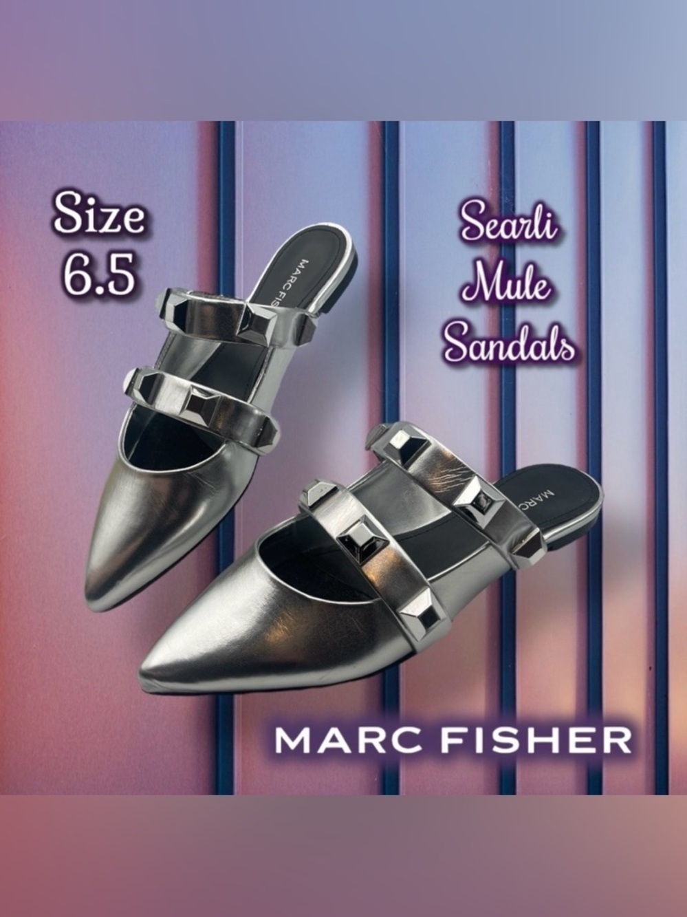 Marc Fisher Women’s Searli Silver Metallic Slip-On Studded Mules Flats Size 6.5